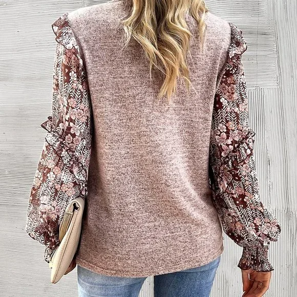 Coffee Brown Casual Womens Floral Print Lantern Sleeve Ruffle Trim Top - Picture 2 of 5